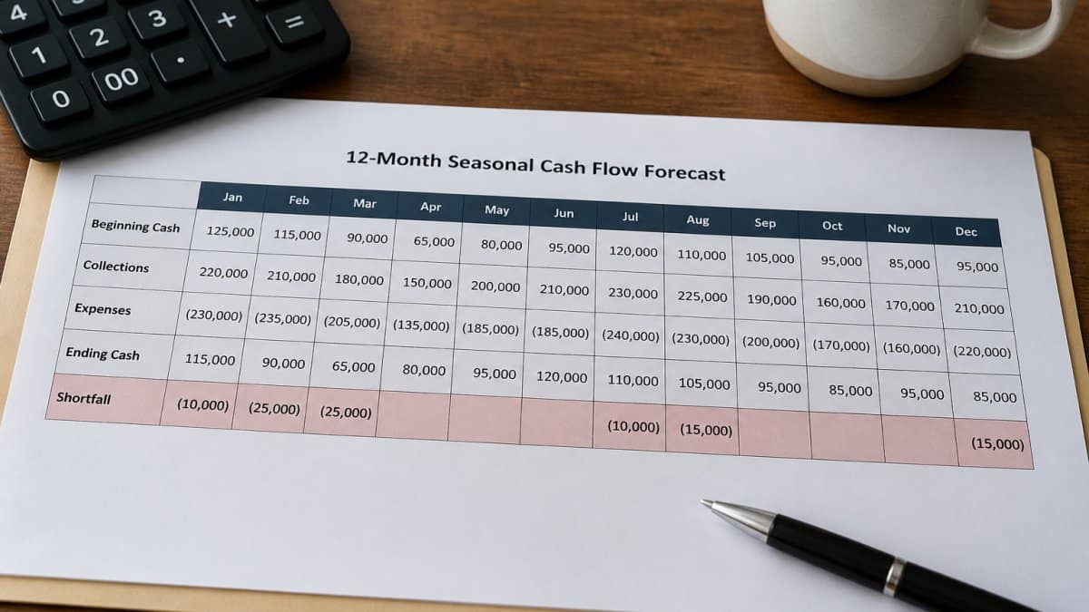Spreadsheet showing a 12-month seasonal cash flow forecast with beginning cash, collections, expenses, ending cash, and a highlighted shortfall row
