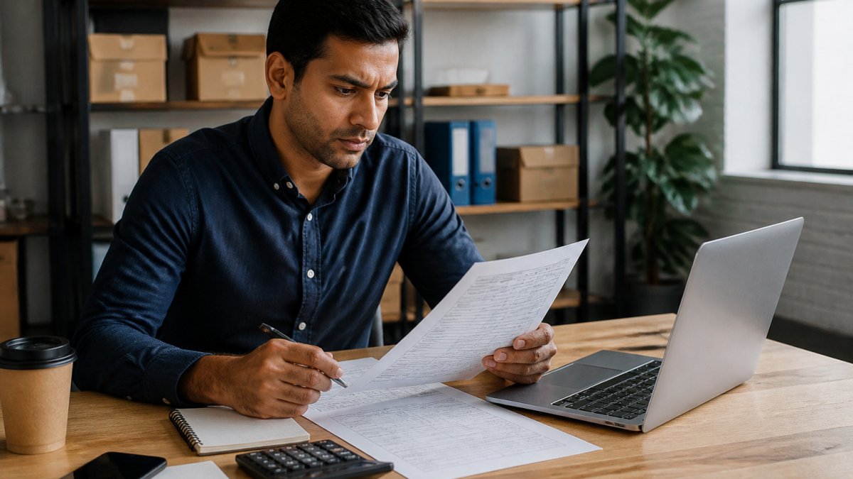 Small business founder reviewing a business loan repayment schedule and spreadsheet at a desk