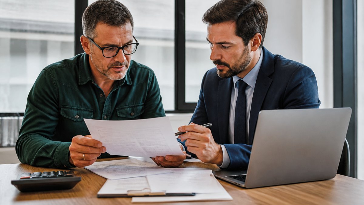 A small business owner reviewing commercial loan documents with a financial advisor at a desk in a bright office, calculator and laptop nearby