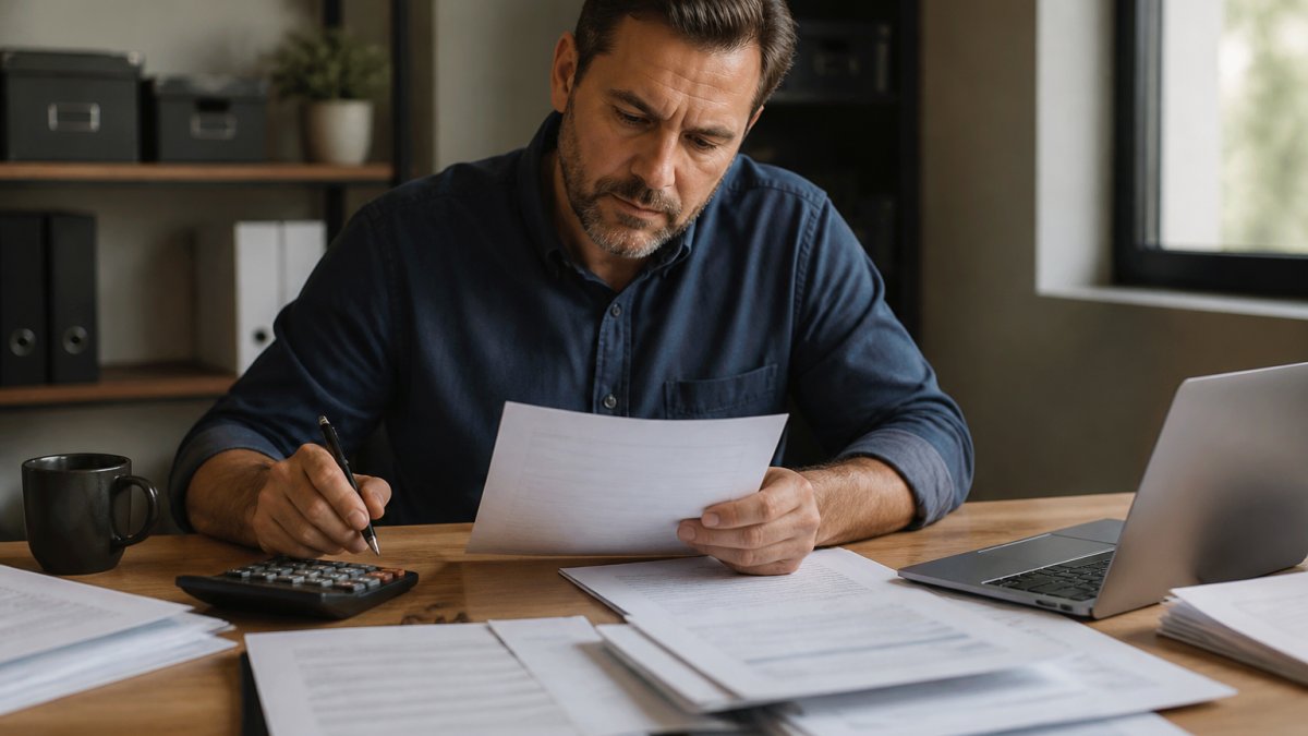 Business owner reviewing loan documents and financial statements at a desk with a laptop and calculator nearby, organized papers spread across the desktop