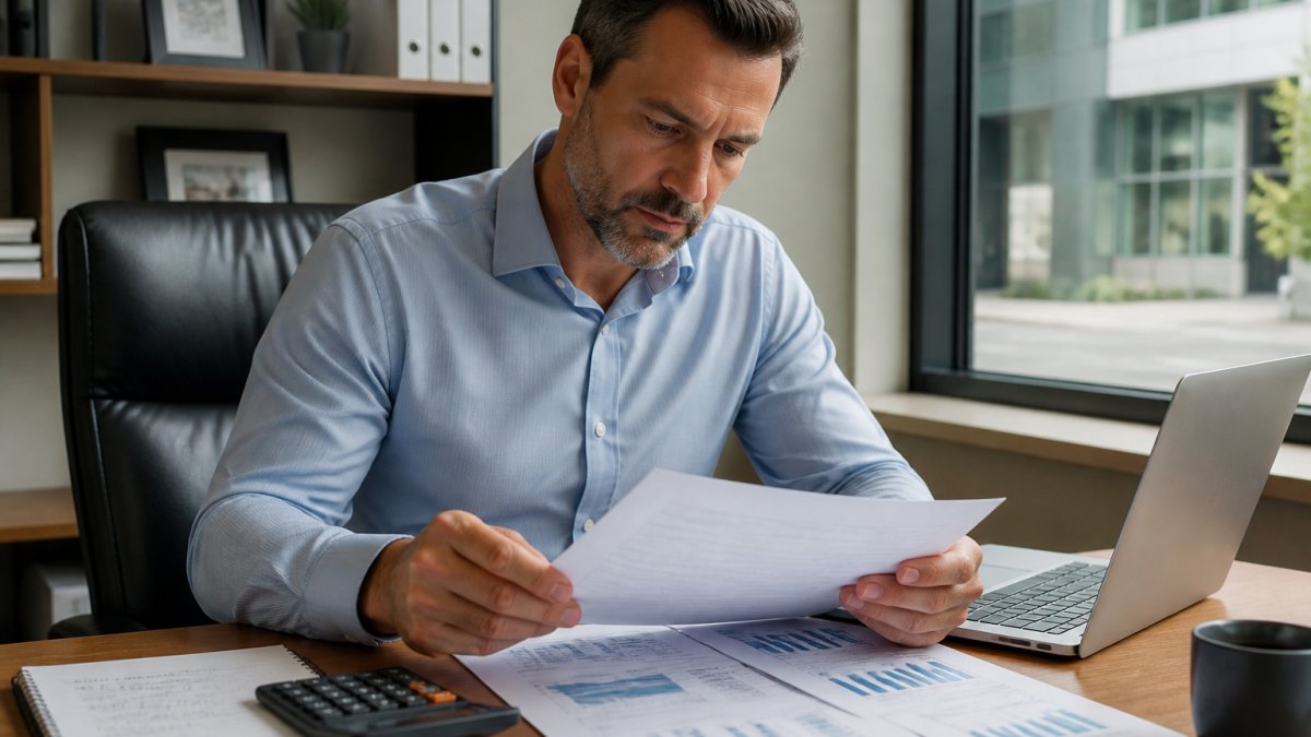 Infographic checklist for reviewing commercial real estate loan rates and financial documents at a desk