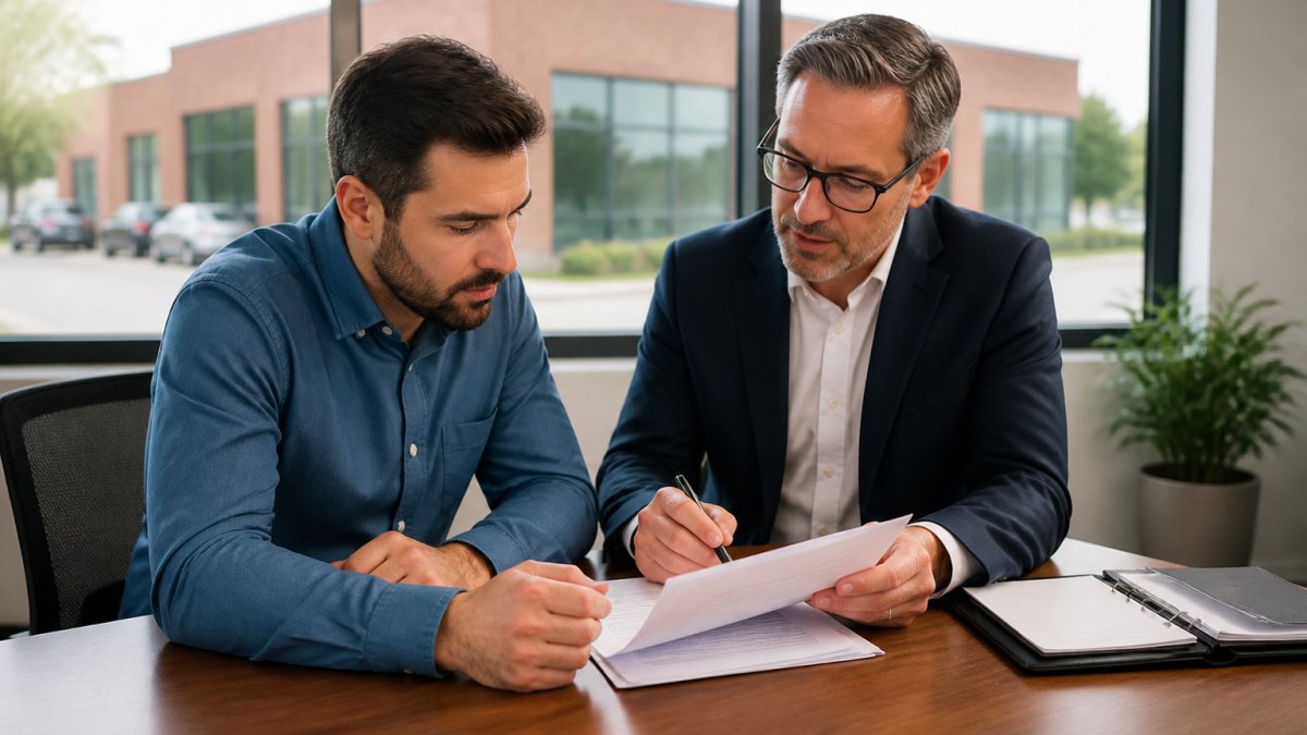 A business owner and a loan officer reviewing printed loan documents together at a desk in a bright office, with a small commercial building visible through the window