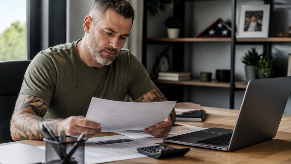 Veteran business owner reviewing financial documents and cash flow spreadsheets at a desk with a laptop and calculator in a modern office with natural lighting