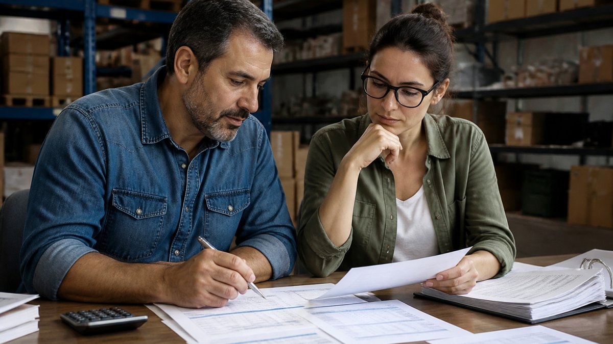 Business owner and analyst reviewing reports to assess inventory turnover benchmarks in a warehouse office