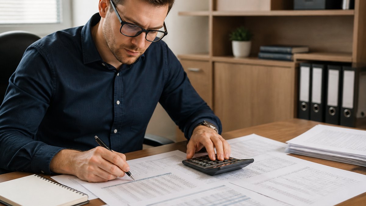 Professional reviewing equipment financing loan documents and amortization schedule at desk with calculator, pen, and papers spread out under office lighting
