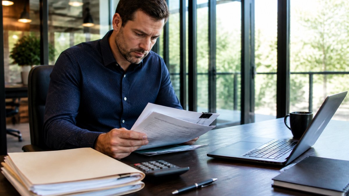 A business owner at a desk reviewing a stack of loan documents with a calculator and pen, laptop open nearby in a bright office