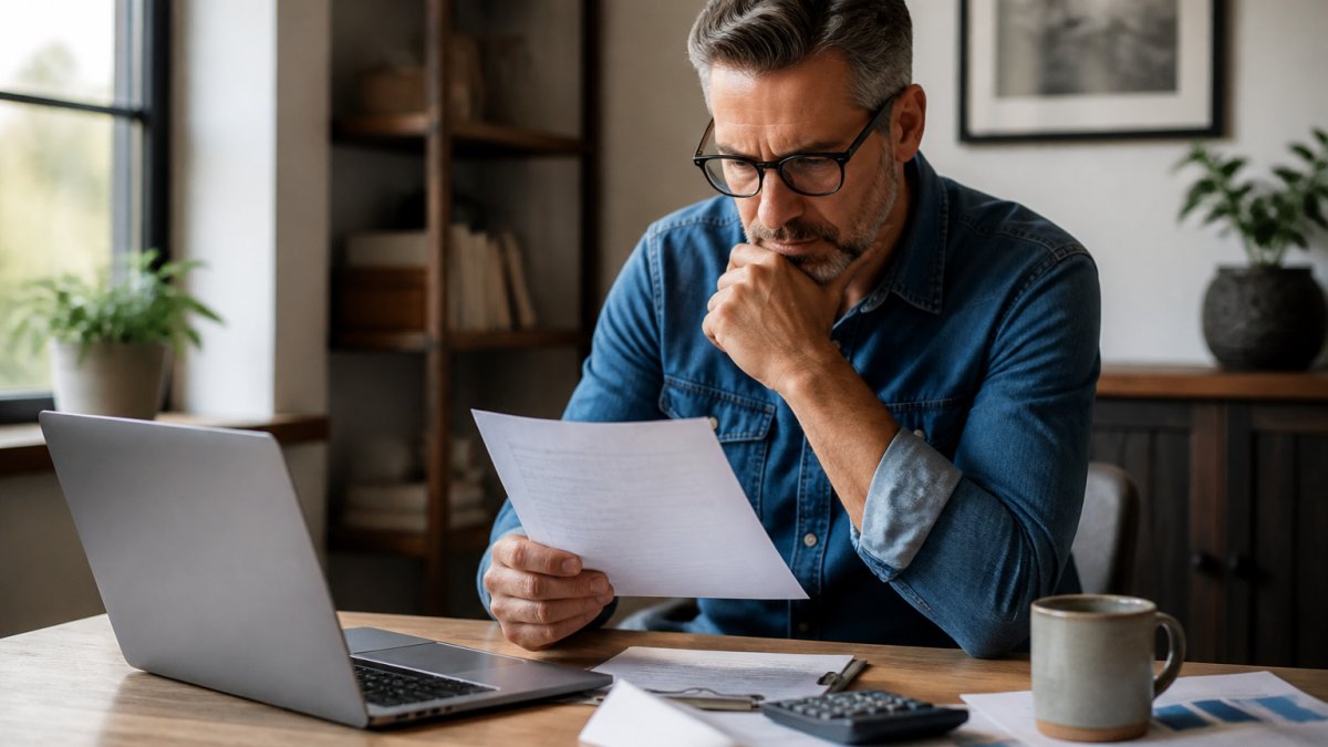 A small business owner reviewing loan documents on a laptop in a home office, with a calculator and coffee mug on the desk, looking focused and cautious